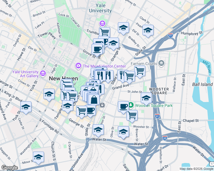 map of restaurants, bars, coffee shops, grocery stores, and more near 7 Elm Street in New Haven