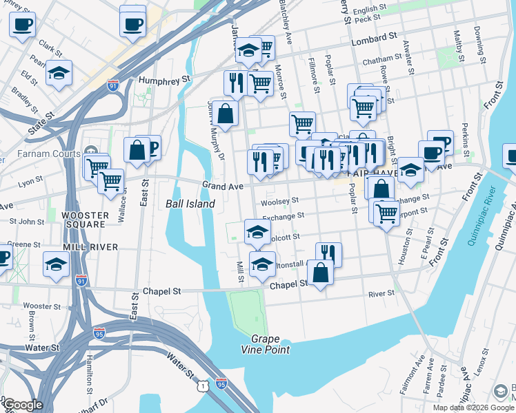 map of restaurants, bars, coffee shops, grocery stores, and more near 181 James Street in New Haven