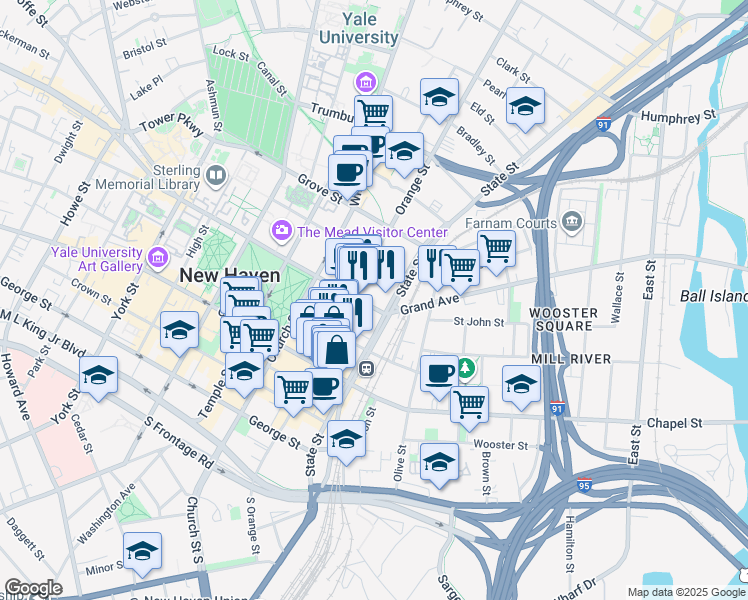 map of restaurants, bars, coffee shops, grocery stores, and more near 7 Elm Street in New Haven
