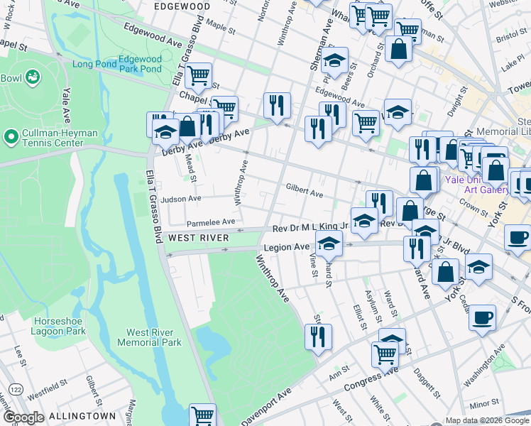 map of restaurants, bars, coffee shops, grocery stores, and more near 42 Sherman Avenue in New Haven