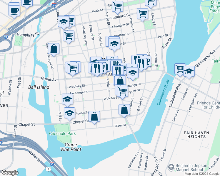 map of restaurants, bars, coffee shops, grocery stores, and more near 197 Exchange Street in New Haven