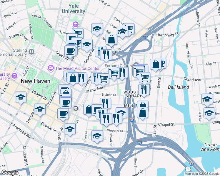 map of restaurants, bars, coffee shops, grocery stores, and more near 850 Grand Avenue in New Haven