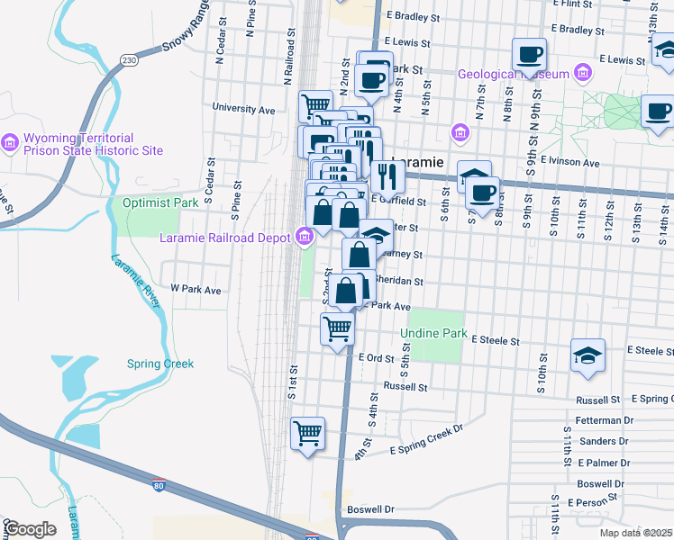 map of restaurants, bars, coffee shops, grocery stores, and more near 704 South 2nd Street in Laramie