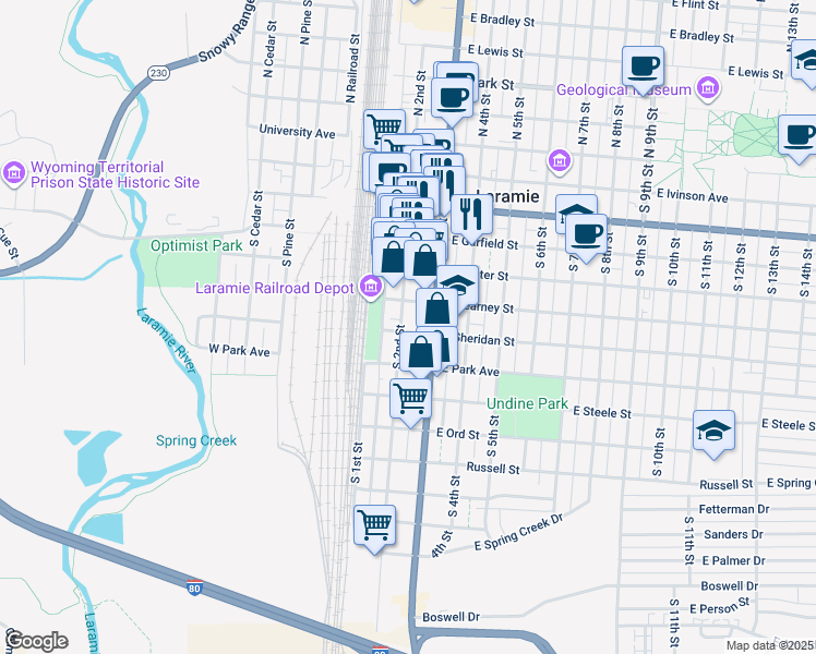 map of restaurants, bars, coffee shops, grocery stores, and more near 704 South 2nd Street in Laramie