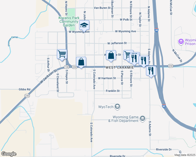 map of restaurants, bars, coffee shops, grocery stores, and more near 2072 West Harrison Street in Laramie