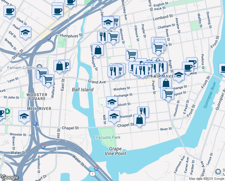map of restaurants, bars, coffee shops, grocery stores, and more near 170 James Street in New Haven