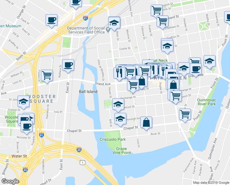 map of restaurants, bars, coffee shops, grocery stores, and more near 170 James Street in New Haven