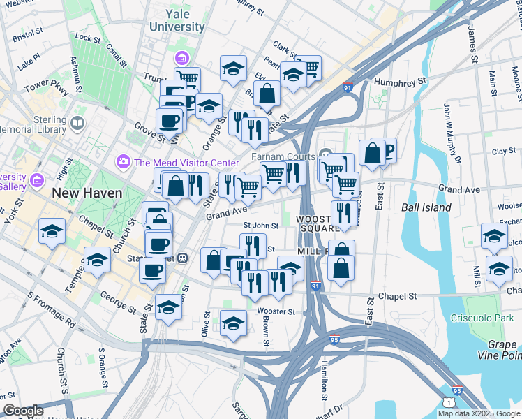 map of restaurants, bars, coffee shops, grocery stores, and more near 241 Saint John Street in New Haven