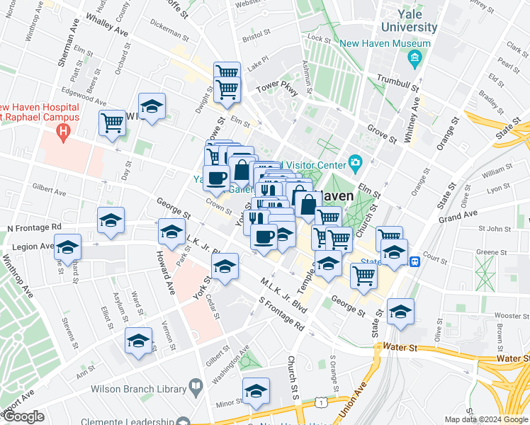 map of restaurants, bars, coffee shops, grocery stores, and more near in New Haven