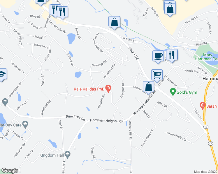 map of restaurants, bars, coffee shops, grocery stores, and more near 16 Berwynn Road in Harriman
