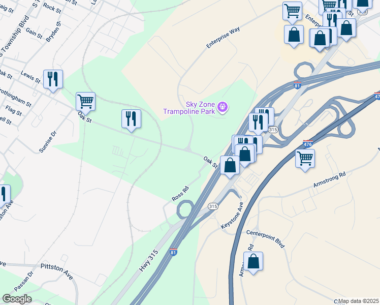map of restaurants, bars, coffee shops, grocery stores, and more near 1151 Oak Street in Pittston
