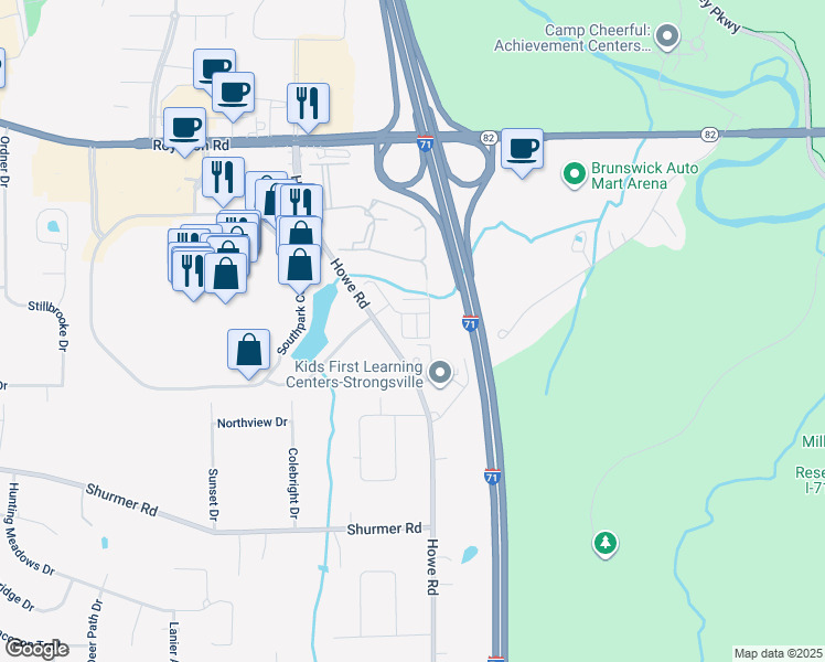 map of restaurants, bars, coffee shops, grocery stores, and more near 15101 Howe Road in Strongsville