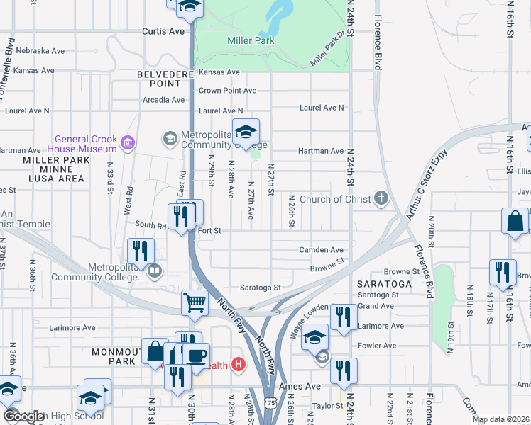 map of restaurants, bars, coffee shops, grocery stores, and more near 5306 North 27th Street in Omaha