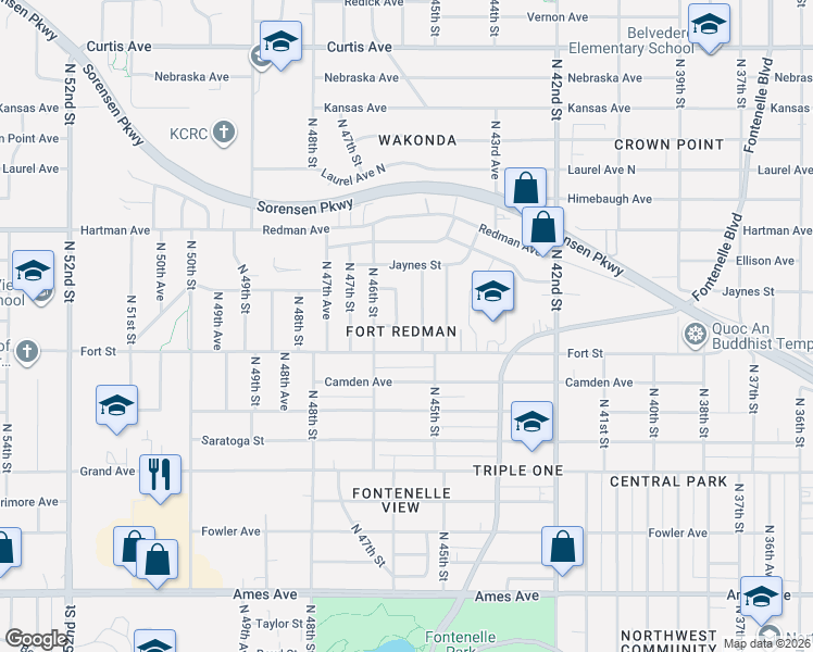 map of restaurants, bars, coffee shops, grocery stores, and more near 4514 Fort Street in Omaha
