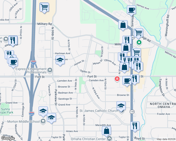 map of restaurants, bars, coffee shops, grocery stores, and more near 9355 Ogden Street in Omaha