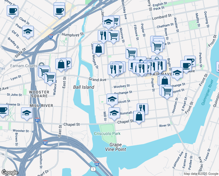 map of restaurants, bars, coffee shops, grocery stores, and more near 186 James Street in New Haven