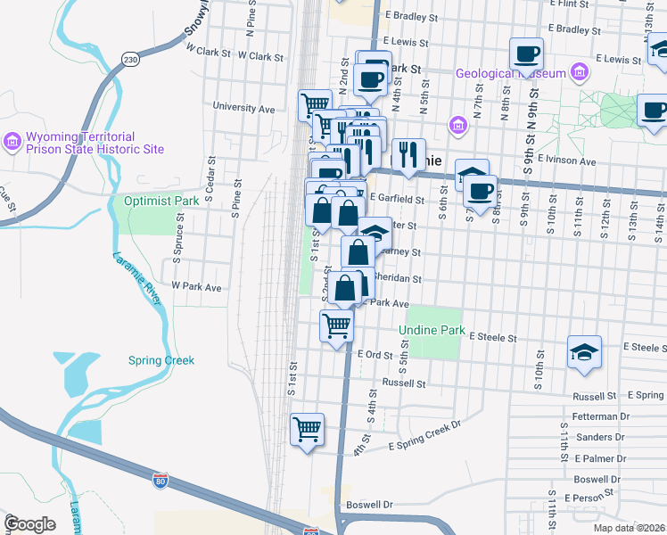 map of restaurants, bars, coffee shops, grocery stores, and more near 704 South 2nd Street in Laramie