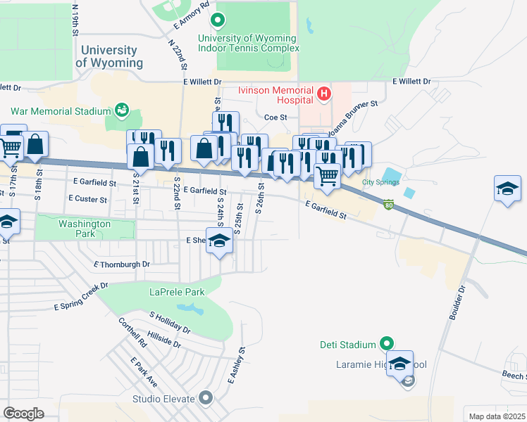 map of restaurants, bars, coffee shops, grocery stores, and more near 411 South 26th Street in Laramie