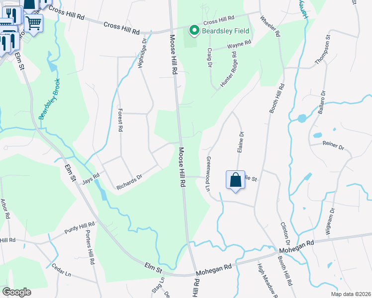 map of restaurants, bars, coffee shops, grocery stores, and more near 278 Moose Hill Road in Monroe