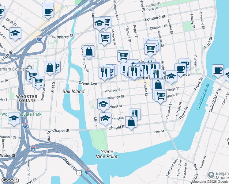 map of restaurants, bars, coffee shops, grocery stores, and more near 313 Exchange Street in New Haven