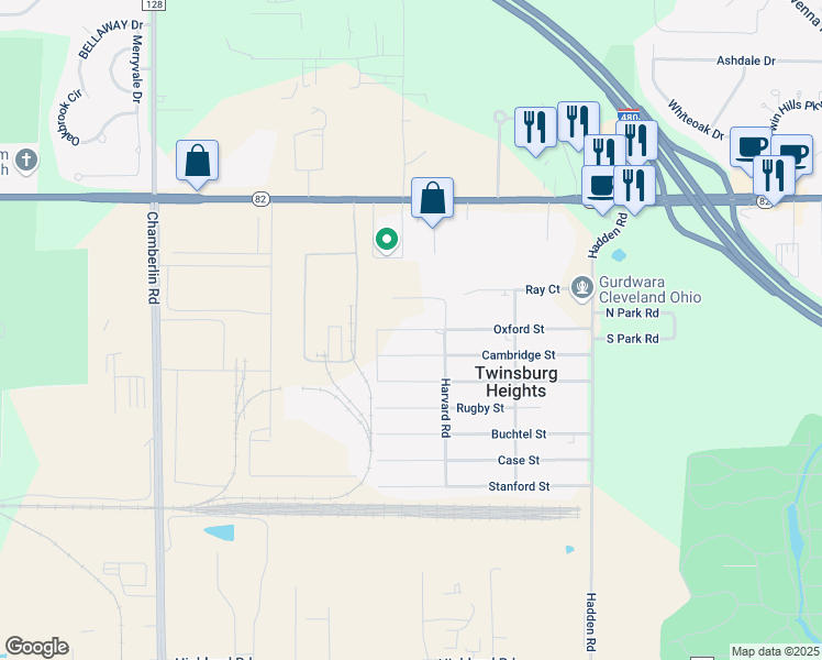 map of restaurants, bars, coffee shops, grocery stores, and more near 1967 Cambridge Street in Twinsburg