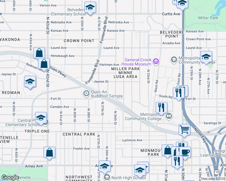map of restaurants, bars, coffee shops, grocery stores, and more near 5318 North 36th Street in Omaha