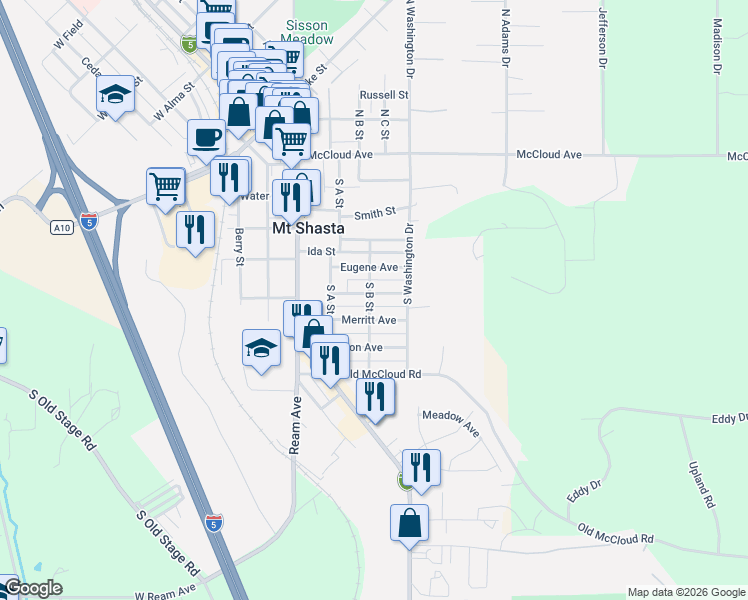 map of restaurants, bars, coffee shops, grocery stores, and more near 312 Merritt Avenue in Mount Shasta