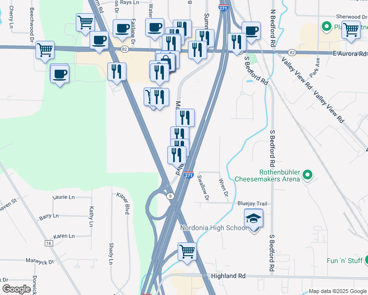 map of restaurants, bars, coffee shops, grocery stores, and more near 8100 Macedonia Commons Boulevard in Macedonia