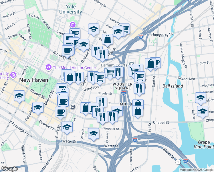 map of restaurants, bars, coffee shops, grocery stores, and more near 241 Saint John Street in New Haven