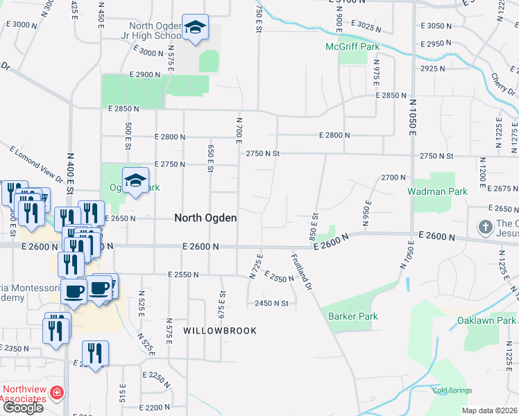 map of restaurants, bars, coffee shops, grocery stores, and more near 725 750 East Street in North Ogden