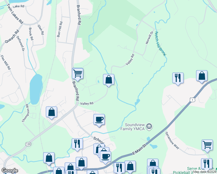 map of restaurants, bars, coffee shops, grocery stores, and more near 53 Valley Road in North Branford