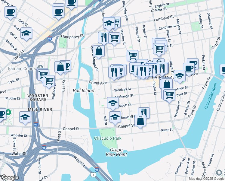 map of restaurants, bars, coffee shops, grocery stores, and more near 170 James Street in New Haven