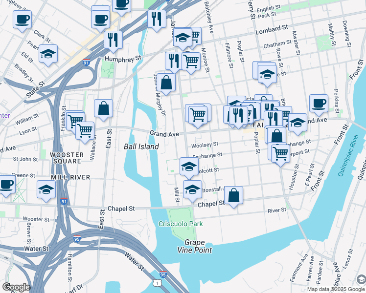 map of restaurants, bars, coffee shops, grocery stores, and more near 170 James Street in New Haven
