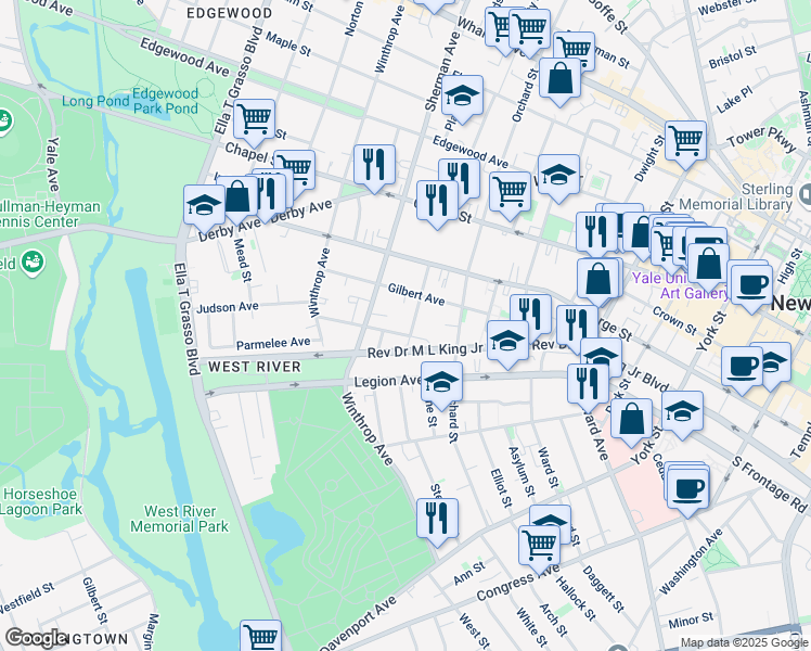 map of restaurants, bars, coffee shops, grocery stores, and more near 113 Auburn Street in New Haven