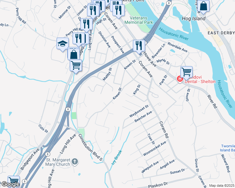 map of restaurants, bars, coffee shops, grocery stores, and more near 156 Kneen Street in Shelton