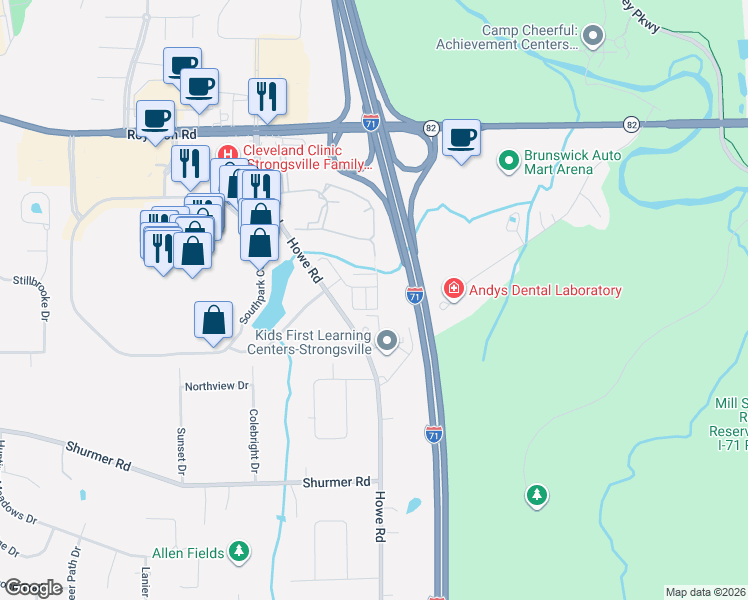 map of restaurants, bars, coffee shops, grocery stores, and more near 15101 Howe Road in Strongsville