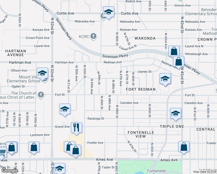map of restaurants, bars, coffee shops, grocery stores, and more near 5302 North 48th Street in Omaha