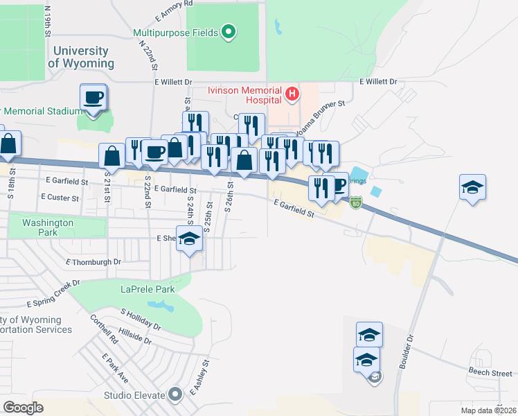 map of restaurants, bars, coffee shops, grocery stores, and more near 404 South 30th Street in Laramie