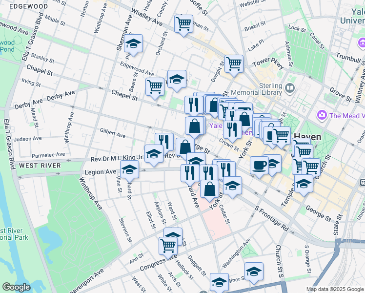 map of restaurants, bars, coffee shops, grocery stores, and more near in New Haven