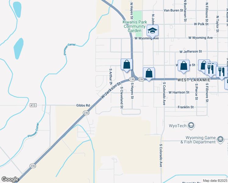 map of restaurants, bars, coffee shops, grocery stores, and more near 2557 Harrison Street in Laramie