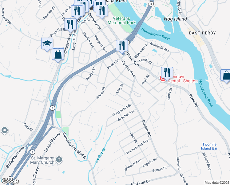 map of restaurants, bars, coffee shops, grocery stores, and more near 53 Milne Avenue in Shelton