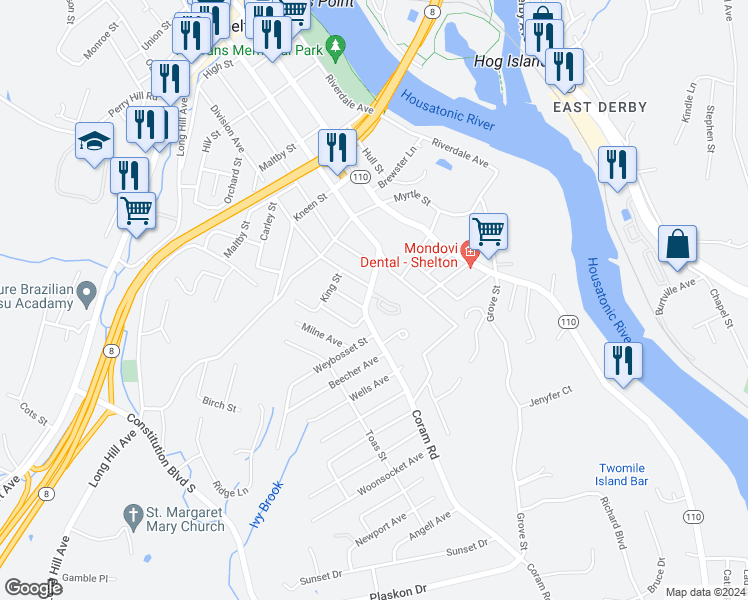 map of restaurants, bars, coffee shops, grocery stores, and more near 17 Coram Road in Shelton