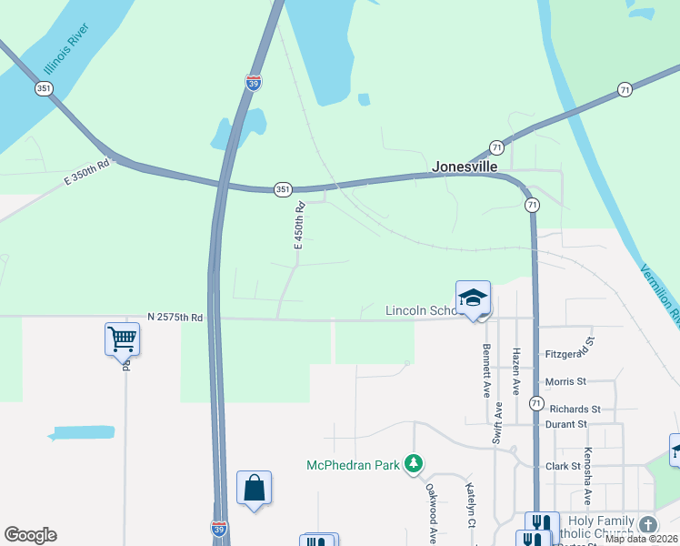 map of restaurants, bars, coffee shops, grocery stores, and more near 455 North 2575th Road in Oglesby