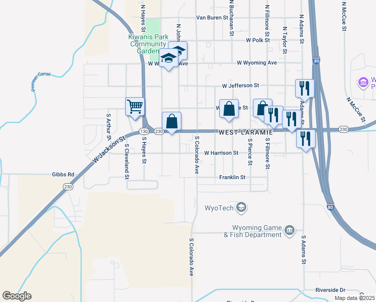 map of restaurants, bars, coffee shops, grocery stores, and more near 2173 West Harrison Street in Laramie