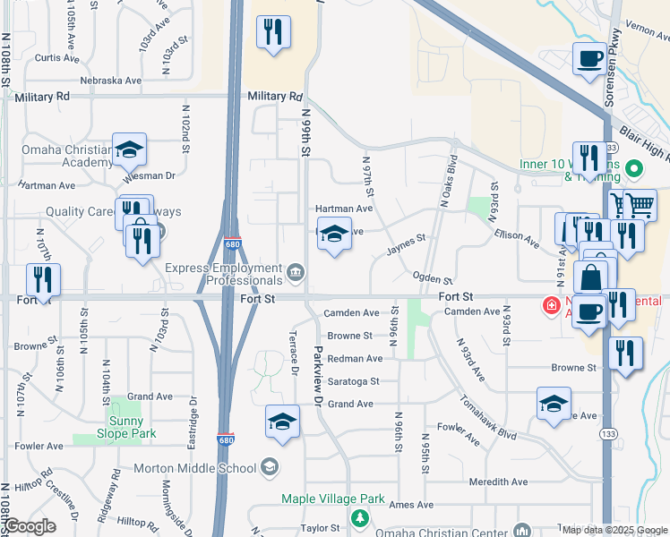 map of restaurants, bars, coffee shops, grocery stores, and more near 5505 North 99th Street in Omaha
