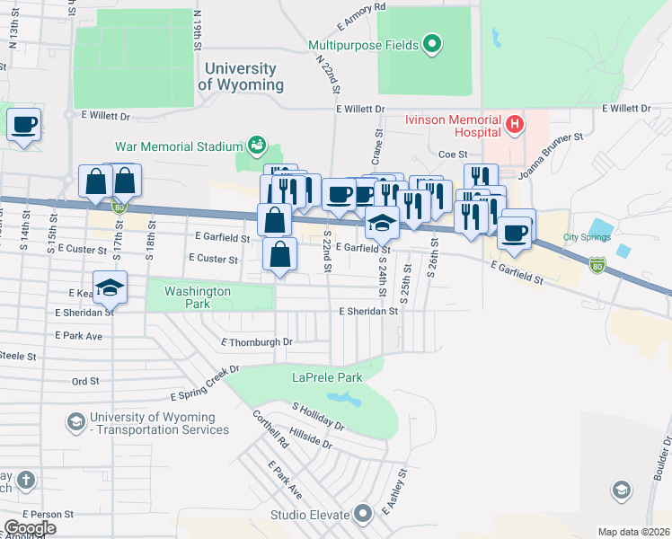 map of restaurants, bars, coffee shops, grocery stores, and more near 2212 East Rainbow Avenue in Laramie
