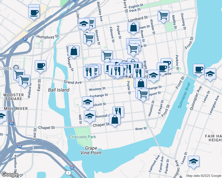 map of restaurants, bars, coffee shops, grocery stores, and more near 274 Exchange Street in New Haven