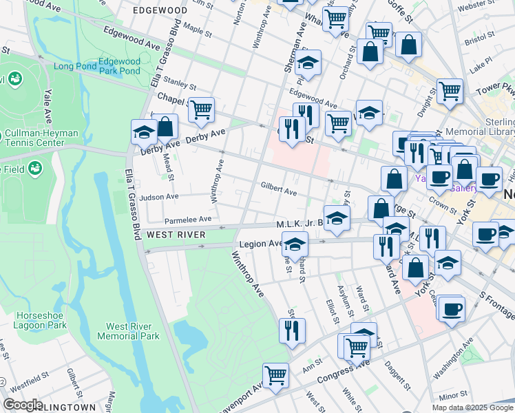 map of restaurants, bars, coffee shops, grocery stores, and more near 113 Auburn Street in New Haven