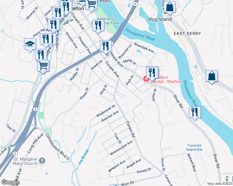map of restaurants, bars, coffee shops, grocery stores, and more near 27 Coram Road in Shelton