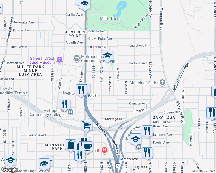 map of restaurants, bars, coffee shops, grocery stores, and more near 2744 Fort Street in Omaha